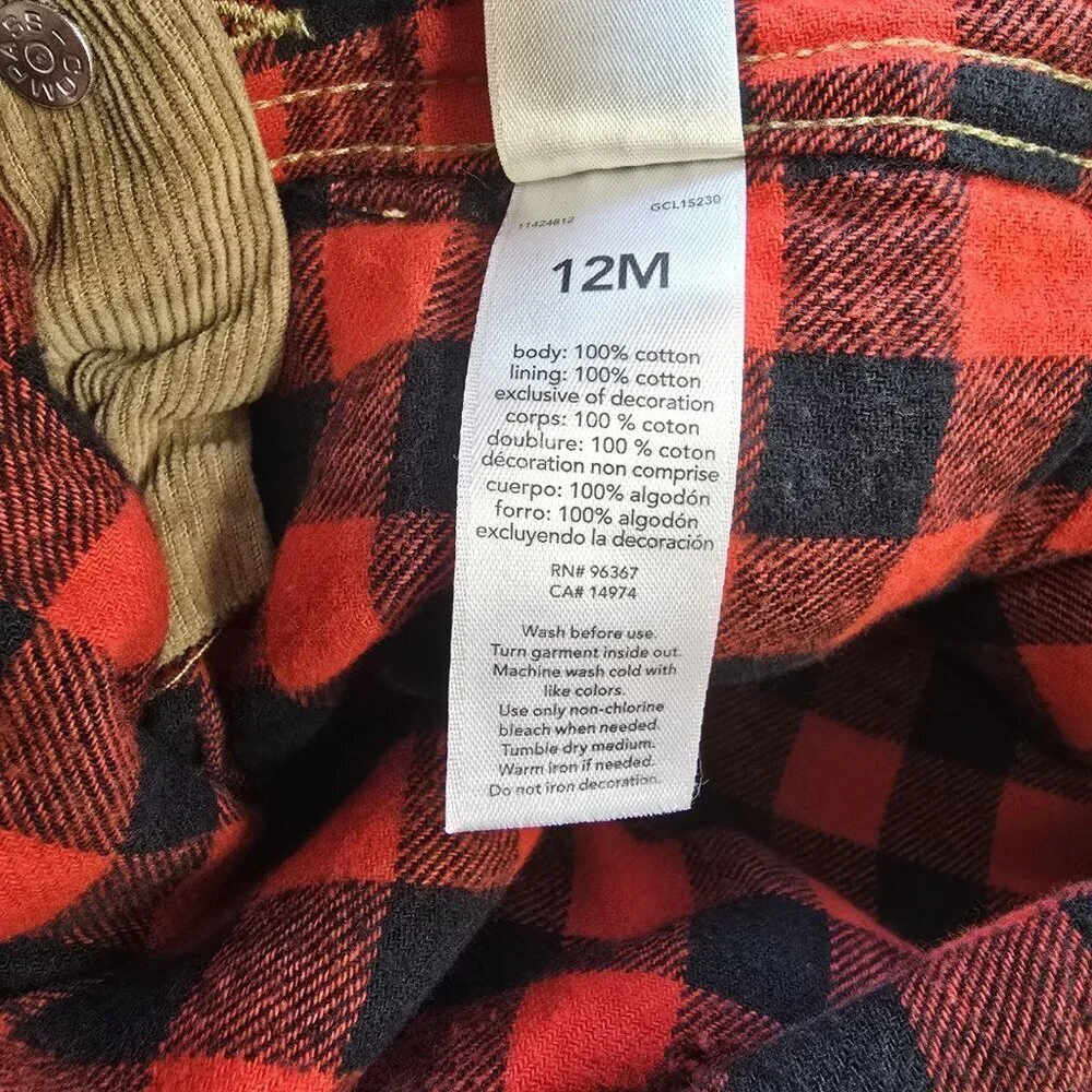 OshKosh Bgosh Corduroy Overalls Baby Size 12 Month Buffalo Check Plaid Lined
